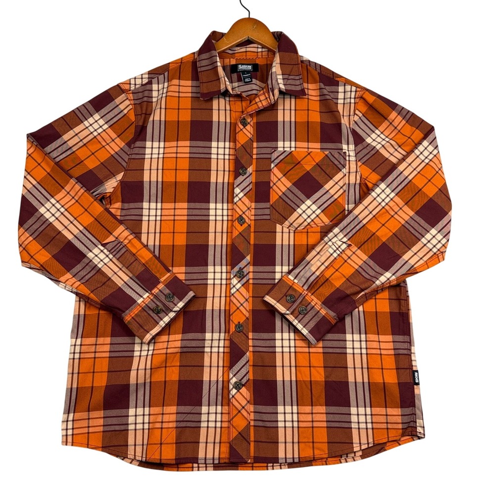 Alaskan Hardgear Duluth Trading Co Shirt Mens L Plaid‎ Orange Long Sleeve Button